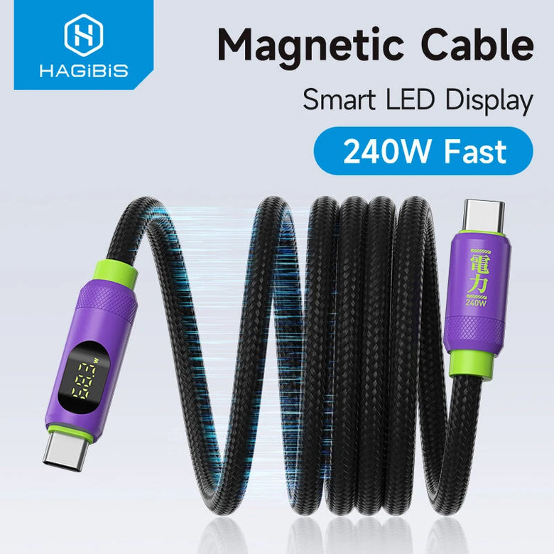 Hagibis SX04S 240W Magnetic USB-C to USB-C Cable with LED Display PD3.1 Fast Charging Data Transmission Copper Core Line 1M/2M Long for iPhone 16 16 Pro 15 15 Plus for Huawei Mate XT for Xiaomi 15pro for Samsung Galaxy Z Flip6