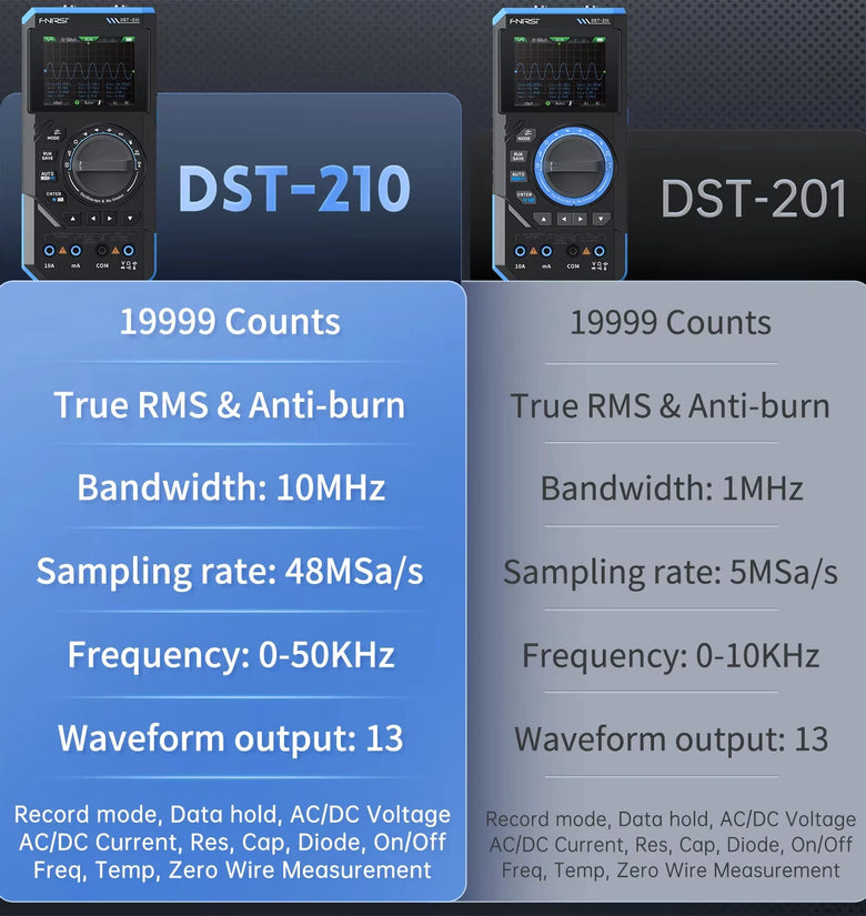 FNIRSI DST-210 3In1 True RMS Multimeter 119999 Counts Dial Type Repair Tool Automotive Fault Diagnosis 10MHz Bandwidth 48MSa/s Sampling Rate Anti-burn