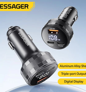 ESSAGER ES-CC25 108W 3-Port USB PD Car Charger Adapter USB-A+2USB-C PD3.0 QC3.0 Support FCP AFC iP2.4 Fast Charging with Blue LED for iPhone 16 16 Pro 15 14 13 12 Pro Max for Huawei Pura 80 Ultra for OPPO for SAMSUNG for XIAOMI
