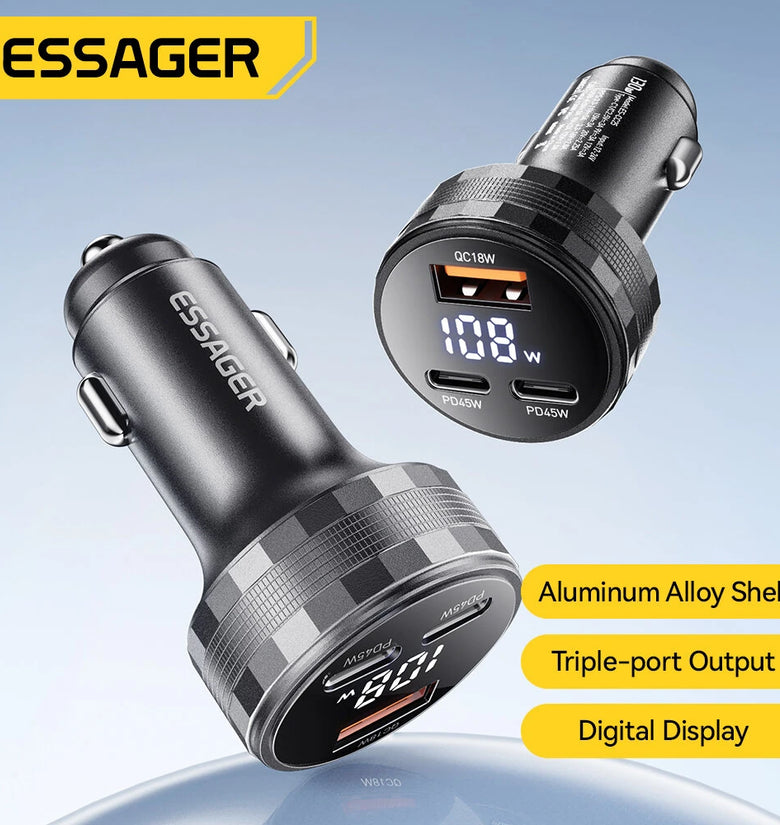 ESSAGER ES-CC25 108W 3-Port USB PD Car Charger Adapter USB-A+2USB-C PD3.0 QC3.0 Support FCP AFC iP2.4 Fast Charging with Blue LED for iPhone 16 16 Pro 15 14 13 12 Pro Max for Huawei Pura 80 Ultra for OPPO for SAMSUNG for XIAOMI