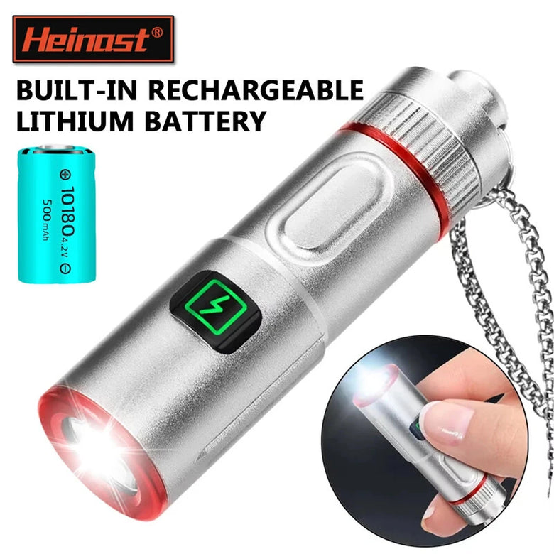 300LM Powerful EDC LED Keychain Flashlight With Battery Rechargeable Mini Torch Portable Work Light with Magnet Back Clip, Alloy Chain