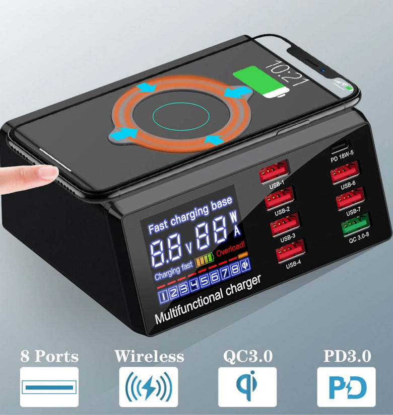 Bakeey 100W 8-Port USB PD Charger PD3.0 QC3.0 Desktop Charging Station Smart Charger 10W Wireless Charger Charging Pad For iPhone 11 SE 2020 Huawei