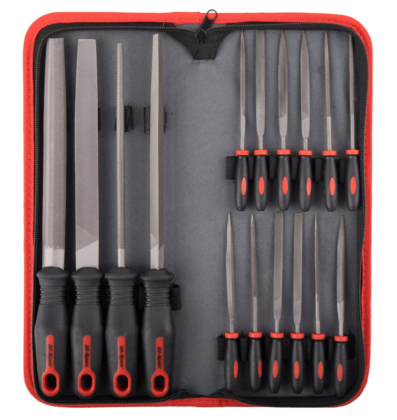 HI-SPEC 16/17 Piece Metal File Set Premium Grade T12 Drop Forged Alloy Steel Triangle/Half-round/Flat/Round Large File and 12pcs Needle Files
