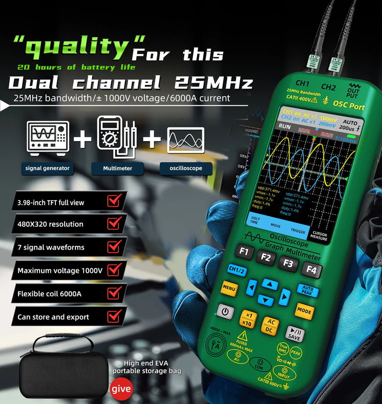 BSIDE Dual Channel 50MHz*2 Vol O7 Handheld Oscilloscope 4-IN-1 Digital Multimeter+Function Signal Generator 6000A Current Tester
