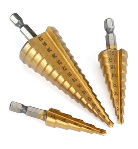 3 Piece HSS Titanium Coated Step Drill Bit Set 4-12mm 4-20mm 4-32mm Straight Slot HSS Perfect for Wood Metal Plastic Hole Cutting Tool Core Cone Drilling Tool Set