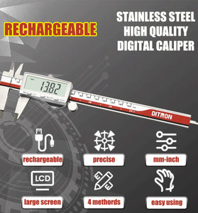 DITRON Digital Caliper 701 Stainless Steel Rechargeable 0-6 Inch Precision Measuring Tool Large Screen High Accuracy Type-C Charging Adjustable Width Fraction Measurements