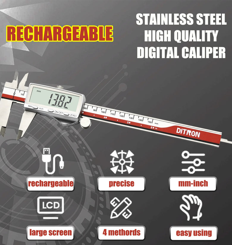 DITRON Digital Caliper 701 Stainless Steel Rechargeable 0-6 Inch Precision Measuring Tool Large Screen High Accuracy Type-C Charging Adjustable Width Fraction Measurements