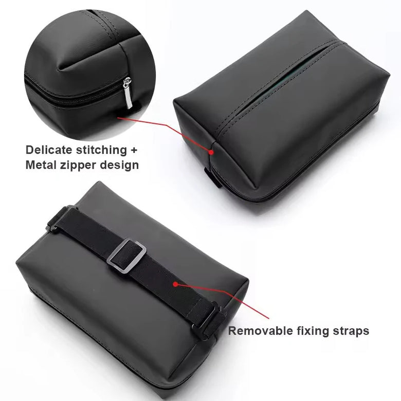 Car Tissue Box Holder PU Leather Car Center Console Armrest Napkin Box Sun Visor Back Seat Tissue Box With Fixed Strap