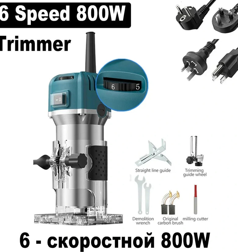 6 Speed 800W Compact Wood Router Electric Trimming Machine Hand Trimmer 30000rpm Woodworking Milling Engraving Home DIY Power Tools