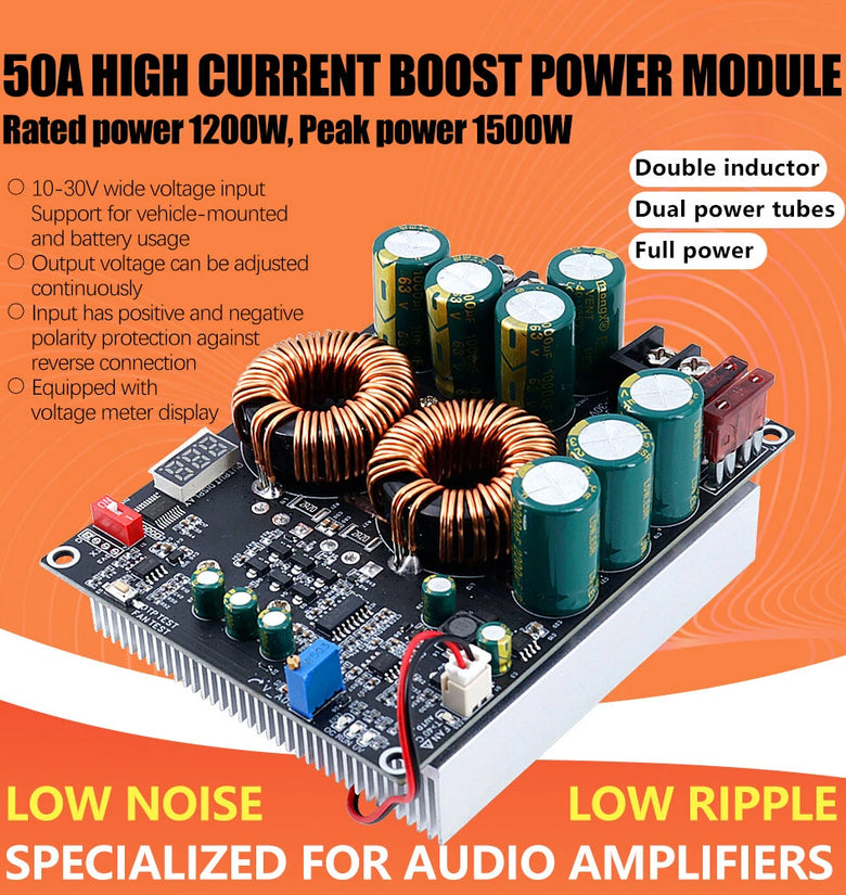 ZK-PW1200 50A High Current Boost Module Non Isolated Power Supply DC 10-30V 1200W Peak 1500W Adjustable Voltage Audio Amplifier