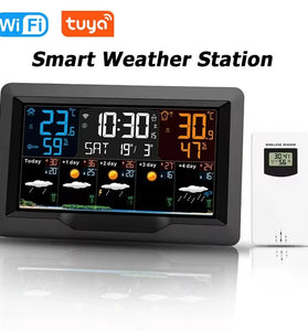 Tuya WiFi Weather Station Color Screen Indoor Outdoor Temperature Humidity Monitor Multifunctional Weather Alarm Clock Real-Time Weather Updates Smart Home Device
