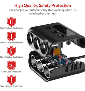 120W 3Socket Car Charger Adapter 4USB Car 12V/24V Car Socket Splitter with Voltage Monitor Display Independent Switch
