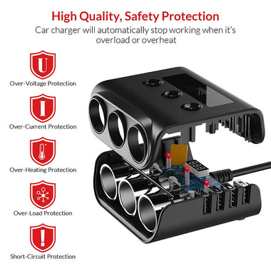 120W 3Socket Car Charger Adapter 4USB Car 12V/24V Car Socket Splitter with Voltage Monitor Display Independent Switch
