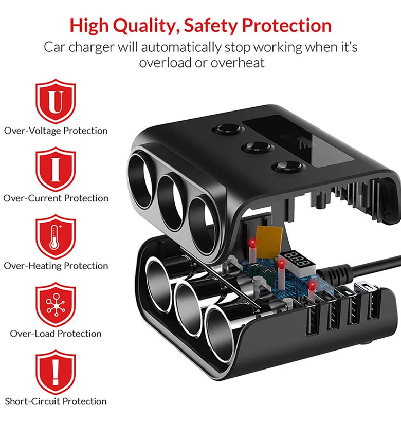 120W 3Socket Car Charger Adapter 4USB Car 12V/24V Car Socket Splitter with Voltage Monitor Display Independent Switch