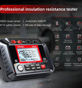 KUAIQU KM502C Insulation Resistance Tester 1000V Output Voltage 20G Range Digital Megohmmeter High Voltage Testing Auto Discharge Function Backlit Screen