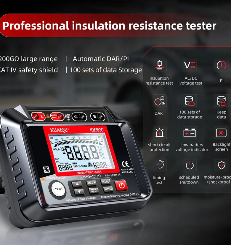 KUAIQU KM502C Insulation Resistance Tester 1000V Output Voltage 20G Range Digital Megohmmeter High Voltage Testing Auto Discharge Function Backlit Screen