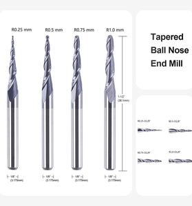 1/8 Inch Shank Tapered CNC Router Bits Ball Nose End Mill Set TiAIN Coated 2 Flute Cutting Tool for Carving Engraving Cutting Wood Metal Acrylic MDF