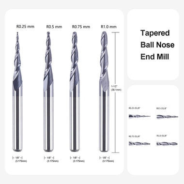 1/8 Inch Shank Tapered CNC Router Bits Ball Nose End Mill Set TiAIN Coated 2 Flute Cutting Tool for Carving Engraving Cutting Wood Metal Acrylic MDF