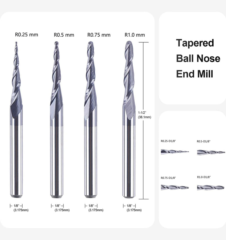 1/8 Inch Shank Tapered CNC Router Bits Ball Nose End Mill Set TiAIN Coated 2 Flute Cutting Tool for Carving Engraving Cutting Wood Metal Acrylic MDF