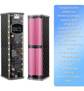 PD 65W Super Fast Charging Transparent Power Bank Case Weldless 8-Cell 18650 Battery Box DC Voltage Adjustable USB Type C Output