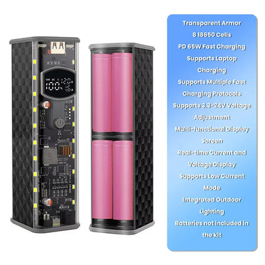 PD 65W Super Fast Charging Transparent Power Bank Case Weldless 8-Cell 18650 Battery Box DC Voltage Adjustable USB Type C Output