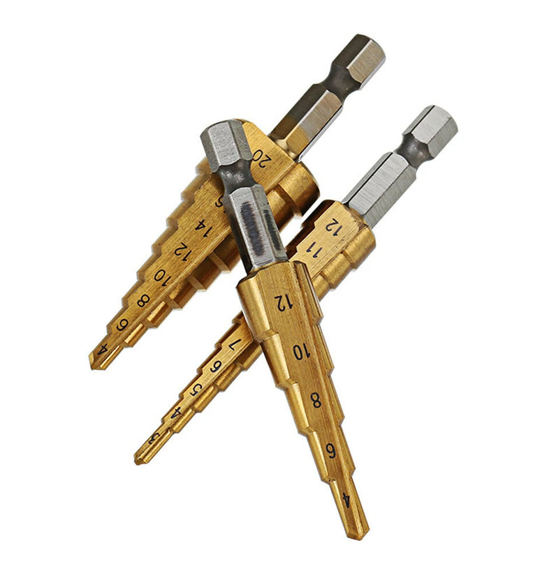 Drillpro 3Pcs 1/4 Inch Hex Shank HSS Titanium Coated Step Drill Bit Set 3-12/4-12/4-20mm