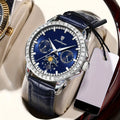 POEDAGAR Business Men Watch Luxury Rhinestone Leather Wristwatch Luminous Waterproof Calendar Quartz Watch