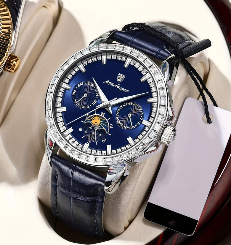 POEDAGAR Business Men Watch Luxury Rhinestone Leather Wristwatch Luminous Waterproof Calendar Quartz Watch