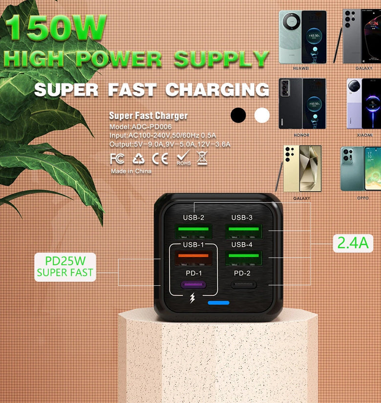 150W 6-Port 4USB+2PD Multi-port 5V 2.4A Fast Charger Wall Charger Adapter EU Plug for iPhone 13 14 14Pro for Redmi K60 for Huawei Mate50 for Samsung Galaxy S23