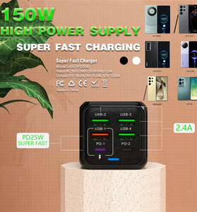 150W 6-Port 4USB+2PD Multi-port 5V 2.4A Fast Charger Wall Charger Adapter EU Plug for iPhone 13 14 14Pro for Redmi K60 for Huawei Mate50 for Samsung Galaxy S23