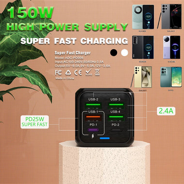 150W 6-Port 4USB+2PD Multi-port 5V 2.4A Fast Charger Wall Charger Adapter EU Plug for iPhone 13 14 14Pro for Redmi K60 for Huawei Mate50 for Samsung Galaxy S23