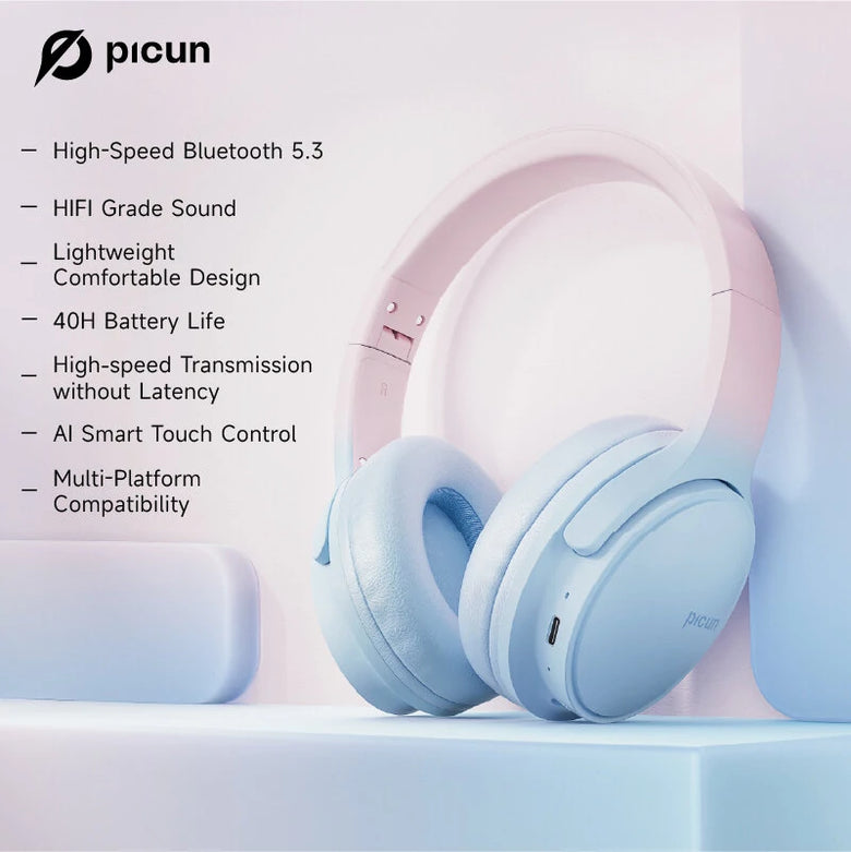 Picun Queen Headset bluetooth V5.3 Headphone 40h Long Battery Life Low Latency Smart Touch HD Calls Over-ear Headset Gifts