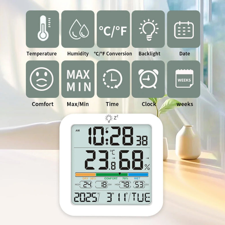 TS-8080 Large Screen Digital Thermometer Hygrometer Alarm Clock with Temperature Humidity Monitor Min Max Record Wall Desk Magnet Mount