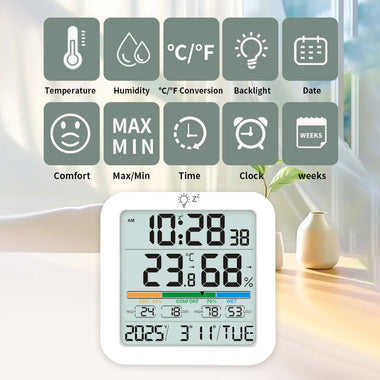 TS-8080 Large Screen Digital Thermometer Hygrometer Alarm Clock with Temperature Humidity Monitor Min Max Record Wall Desk Magnet Mount