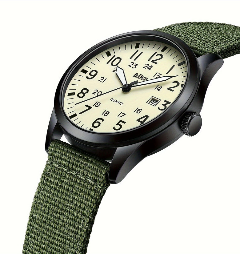 BIDEN Simple Calendar Sports Waterproof Quartz Watch Comfortable Nylon Strap Luminous Pointer Men Watch with Alloy Case