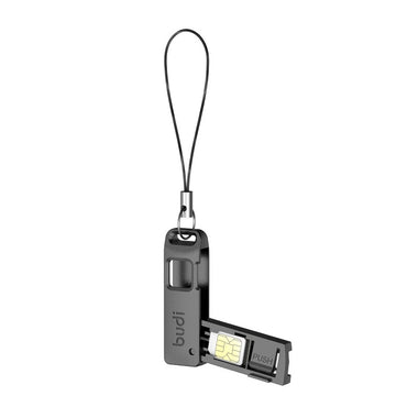 BUDI CP577 SIM TF Card Slot Storage Box with Mobile Phone Card Ejector Pin Anti-Lost Lanyard Portable Universal Phone Ejector Pin SIM Card Tray