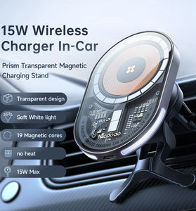 Mcdodo 15W Magnetic Wireless Charger Car Mount PD3.0 QC3.0 Fast Charging Transparent 360 Rotation Breathing Light