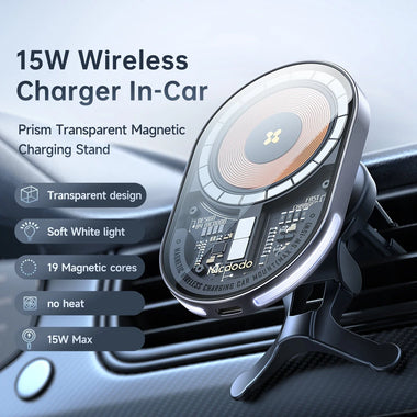 Mcdodo 15W Magnetic Wireless Charger Car Mount PD3.0 QC3.0 Fast Charging Transparent 360 Rotation Breathing Light