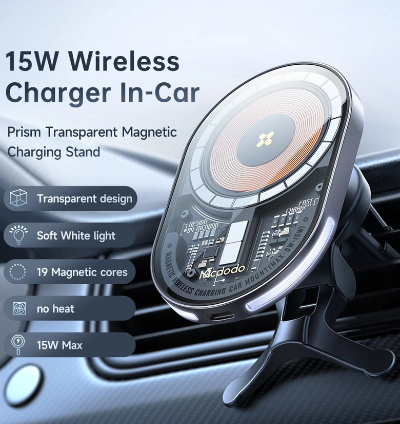 Mcdodo 15W Magnetic Wireless Charger Car Mount PD3.0 QC3.0 Fast Charging Transparent 360 Rotation Breathing Light