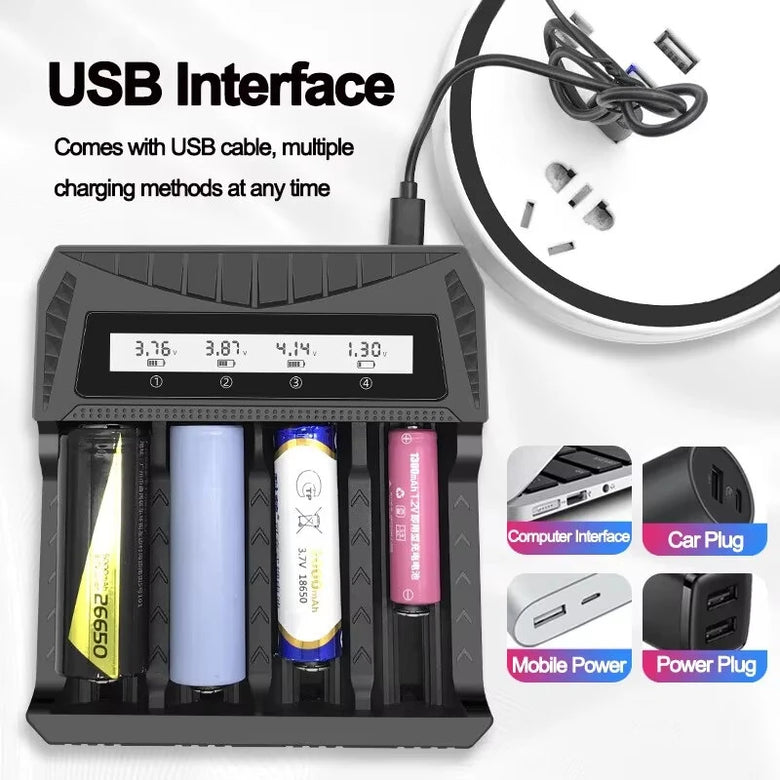 Intelligent LCD Battery USB Charger 4 Slots For 18650/AA/AAA Rechargeable Lithium Battery Type-C Overcharge Protection ABS Shell Power Banks Compatible