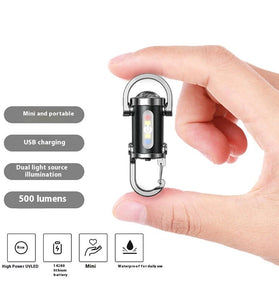 Multifunctional Mini LED Keychain Flashlight with UV Light USB Rechargeable Waterproof LED Keyring Practical Inspection Work Light Outdoor Activities Key Chain Light