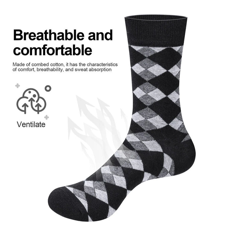 YUEDGE 5 Pairs Of Men's Trendy Checkered Pattern Mid Calf Crew Socks, Breathable Cotton Blend Comfy Casual Sports Socks For Outdoor Fitness Basketball Running