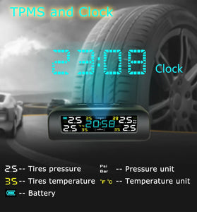 Tire Pressure Monitoring System Solar Clock LCD Display Car TPMS Wireless Tire Pressure Monitoring with 4 External Sensors