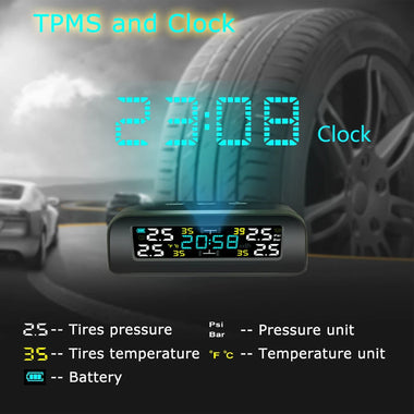 Tire Pressure Monitoring System Solar Clock LCD Display Car TPMS Wireless Tire Pressure Monitoring with 4 External Sensors
