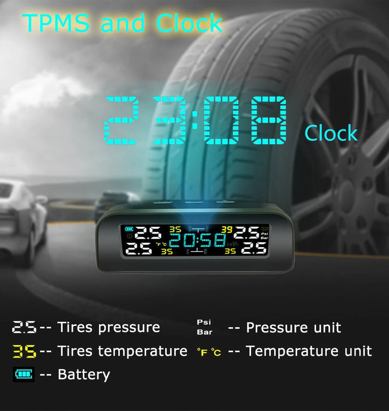 Tire Pressure Monitoring System Solar Clock LCD Display Car TPMS Wireless Tire Pressure Monitoring with 4 External Sensors
