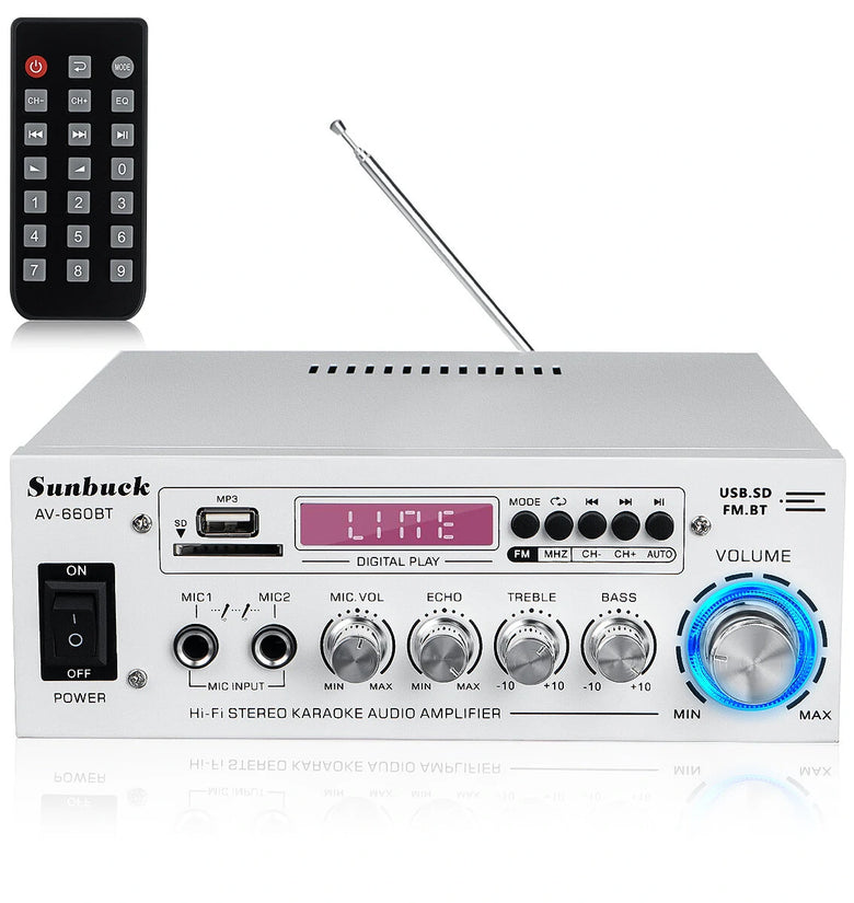 Sunbuck AV-660BT 2000W bluetooth 5.0 Audio Power Amplifier EQ Stereo AMP Car Home 2CH AUX USB FM Radio