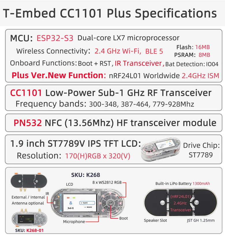 LILYGO T-Embed CC1101 Plus ESP32-S3 Development Board Sub-1 GHz RF Transceiver PN532 NFC RFID I2C Module 1.9inch LCD Built-in Battery 1300mAh