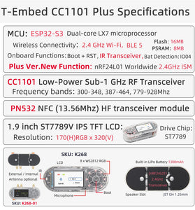 LILYGO T-Embed CC1101 Plus ESP32-S3 Development Board Sub-1 GHz RF Transceiver PN532 NFC RFID I2C Module 1.9inch LCD Built-in Battery 1300mAh