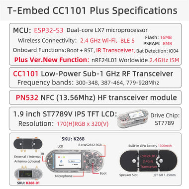 LILYGO T-Embed CC1101 Plus ESP32-S3 Development Board Sub-1 GHz RF Transceiver PN532 NFC RFID I2C Module 1.9inch LCD Built-in Battery 1300mAh