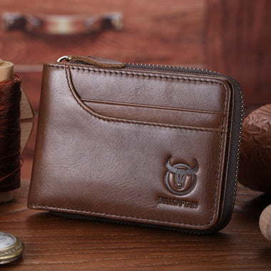 BULLCAPTAIN Men Short Wallet RFID Blocking Card Holder Cowhide Coin Purse Retro Genuine Leather Clutch Zipper Male Money Bags